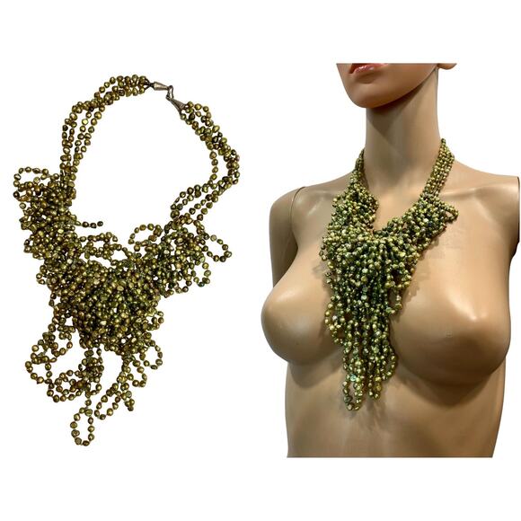 Vintage Handmade Heavy Irregular Green / Gold Glass Bead Multi Strand Necklace - Picture 1 of 8